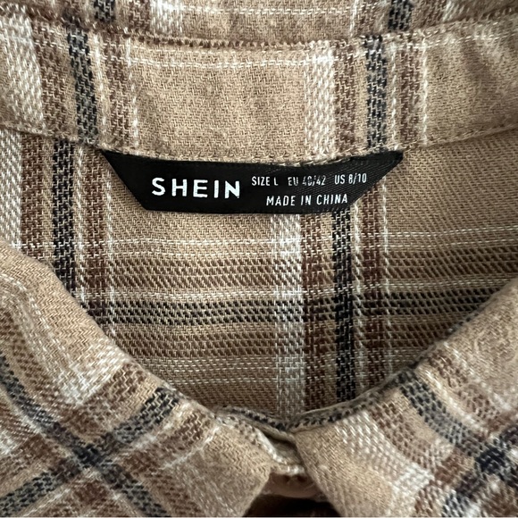 SHEIN Women’s Flannel Plaid Button Up Shirt Large Brown | Khaki | Tan - Picture 7 of 10